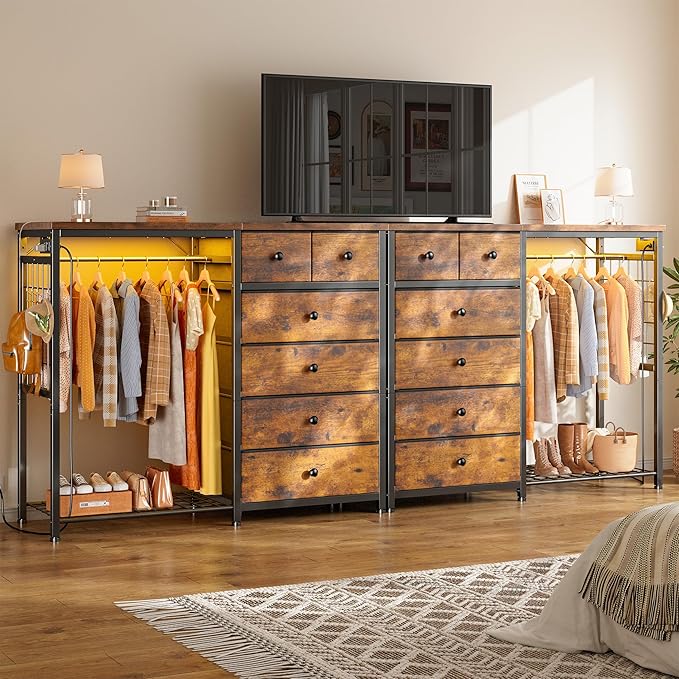EnHomee 49.2" W Dresser with Hanging Rack & 6 Fabric Drawers – Wooden Top Organize Unit Featuring LED Lights, Charging Station & Grid Panel & Hooks for Bedroom, Rustic Brown