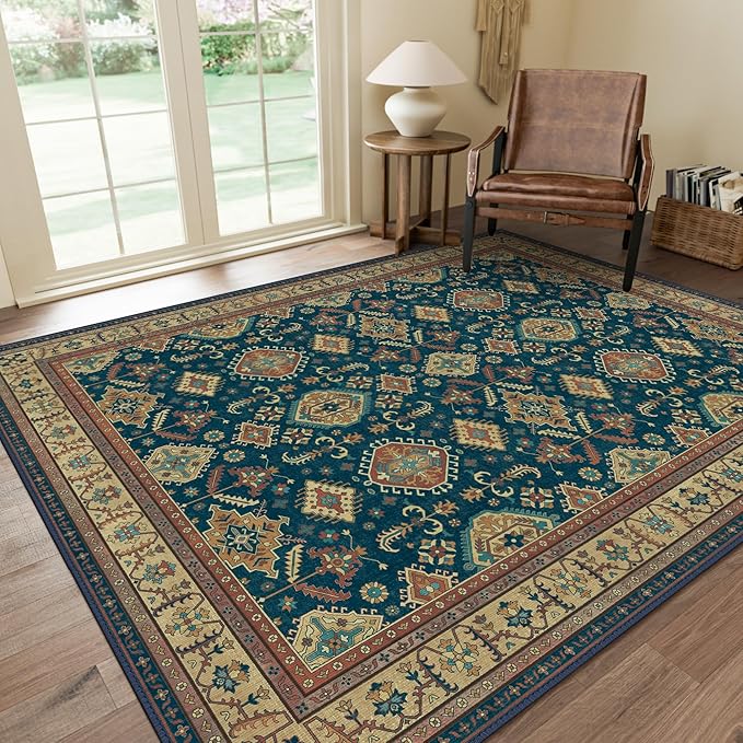 GENIMO Machine Washable 8x10 Area Rugs for Living Room, Non Slip Vintage Rugs, Low Pile Lightweight Chenille Print Rug for Bedroom, Dining Room, Home Office, Black Yellow