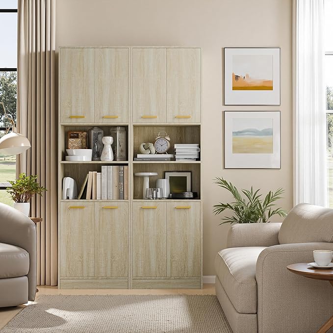 Cozy Castle Kitchen Pantry Cabinet, 75" Tall Wood Storage Cabinet with Doors and Shelves, 4 Doors Open Countertop Utility Hutch Cupboard for Dining Room Living Room Bathroom Furniture, Whitewashed Oak