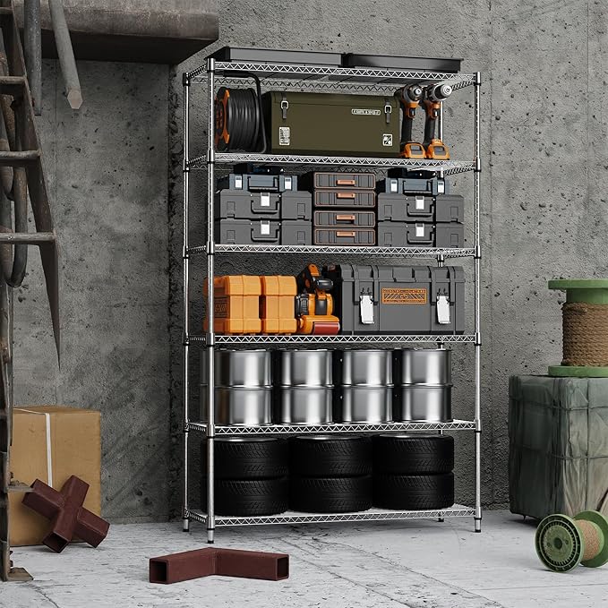 M MZG 6 Tiers Storage Shelves Load 2100LBS, Metal Shelving Wire Metal Shelving Unit Shelves for Storage Adjustable Garage Shelving for Pantry Kitchen Garage Chrome 17.7" D x 47.3" W x 82.4" H
