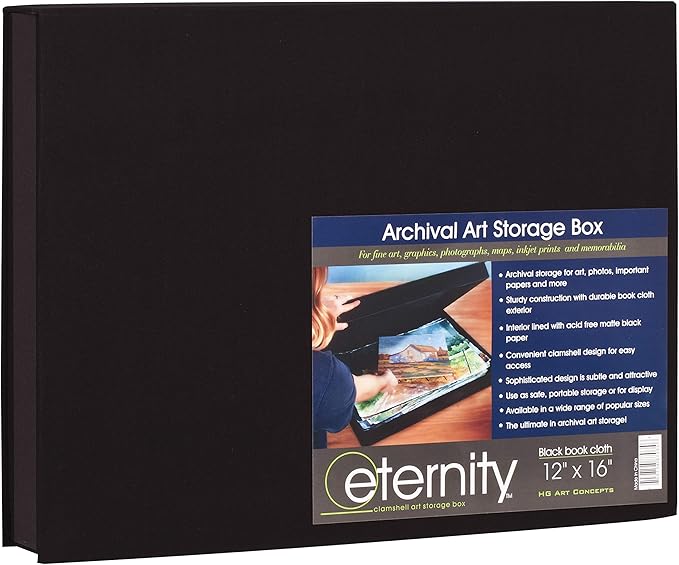 HG Concepts Art Photo Storage Box Eternity Archival Clamshell Box For Storing Artwork, Photos & Documents Deluxe Acid-Free Sturdy & Lined With Archival Paper - [Black - 12" x 16"]