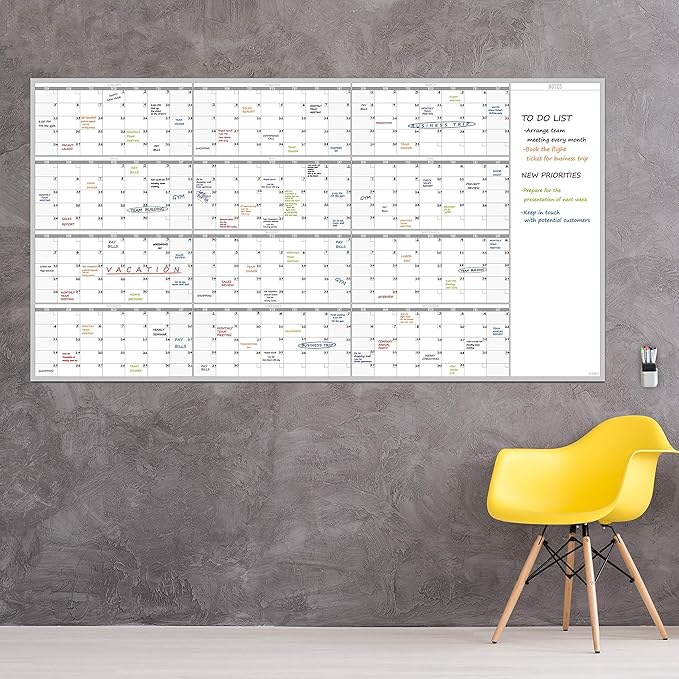 Large Reusable Dry Erase Yearly Wall Calendar - Jumbo Premium Laminated 12 month Task Organizer - 38"x72" Undated Annual Planner for Home, Office, School Projects