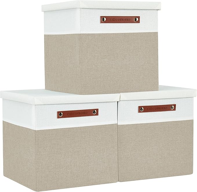 DECOMOMO Storage Basket with Lid, Storage Cubes with Handles, Fabric Box with Lid (Beige and White, 13” / 3 Pack)