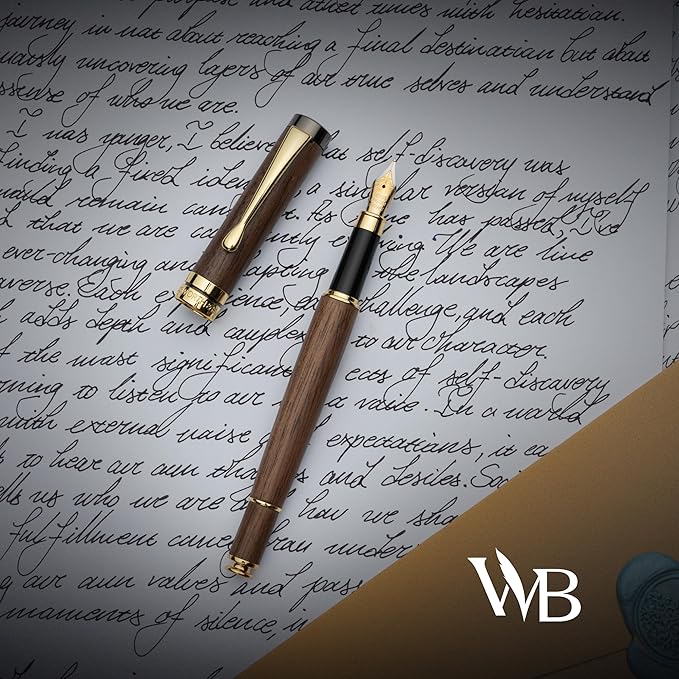 Wordsworth & Black Fountain Pen Gift Set, Includes Ink Bottle, 6 Ink Cartridges, Ink Refill Converter, 4 Replacement Nibs, Luxury Bamboo, Journaling, Calligraphy, Smooth Writing Pens [Brown Wood]