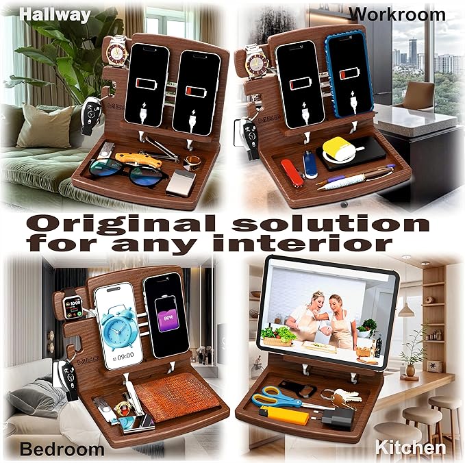 MED Wood Phone Docking Station – Nightstand Desk Organizer for Phone, Watch, Wallet & Tablet – Gift for Men, Husband, Dad & Women – Wooden Charging Stand with Key Holder (Dark Walnut, Model 1)