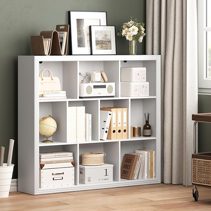BORNOON Book Shelf with 10-Cube, 43” Wide Bookshelf with Anti-Tip Device, 38” Tall Open Bookcase, Modern Display Organizer Book Case for Home Office, Entryway, Living Room, Bedroom, Study Room