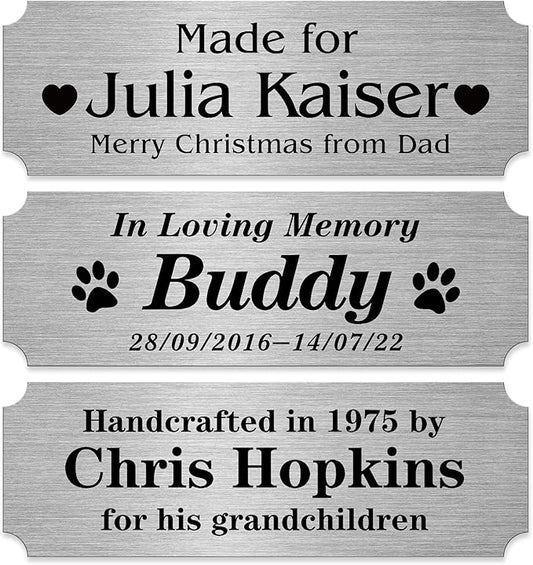 Personalized Name Plates, Silver Engraved Plaque, Stainless Steel Trophy Plates Engraved, Custom Name Plate with Adhesive Backing or Screws, 6" W x 2" H