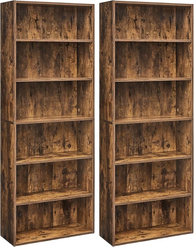 VASAGLE Set of 2 Bookshelves, 23.6 Inches Wide, 6-Tier Open Bookcases with Adjustable Storage Shelves, Floor Standing Units, Rustic Brown ULBC166X01-2