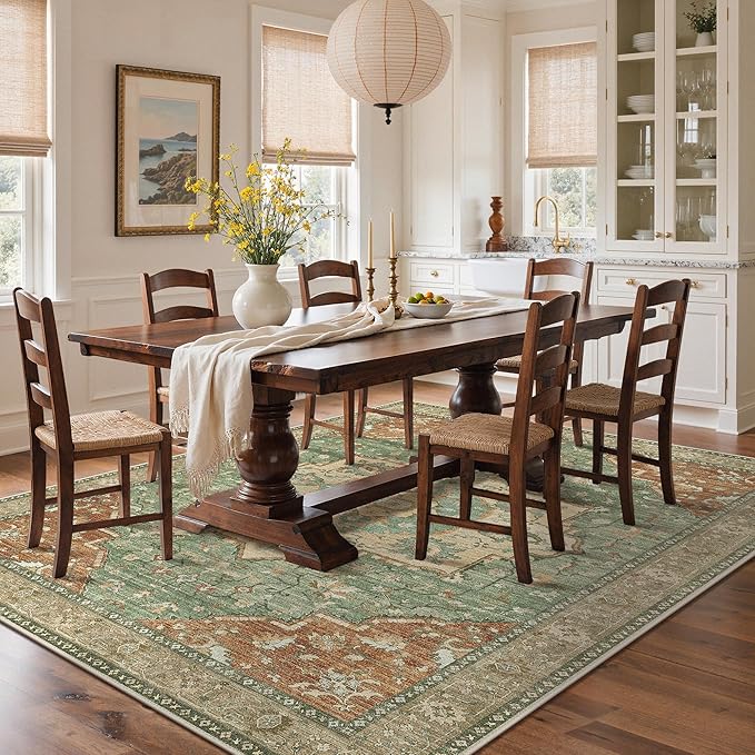 GENIMO 8x10 Area Rugs for Living Room, Machine Washable Non Slip Vintage Rugs, Low Pile Lightweight Chenille Print Rug for Bedroom, Dining Room, Home Office