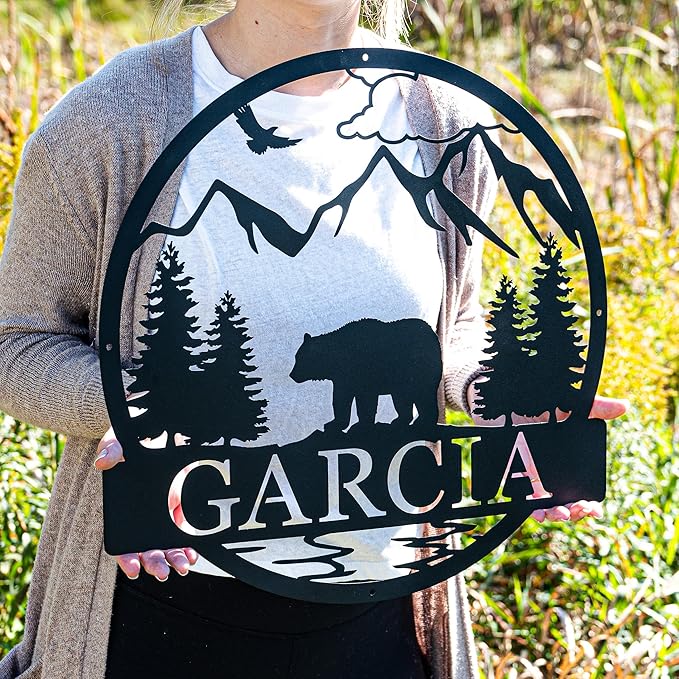 Wilderness Bear Cabin Name Sign | Mountain & Rustic Metal Bear | Personalized Outdoor Sign | Door Decor