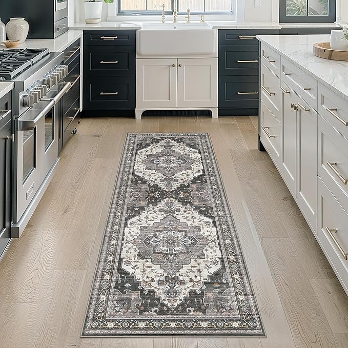 GENIMO 2X12 Hallway Runner Rug, Machine Washable Non Slip Vintage Floral Patchwork Runners, Thin Low Pile Chenille Carpet Runners for Entryway, Kitchen, Bathroom, Bedroom, Slate Gray