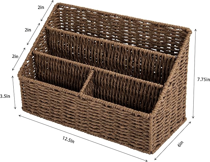 DINGTAI Woven Mail Organizer, Mail Organizer Countertop, Natural Tabletop Mail Holder, Rattan Desk Organizer, Boho Office Desk Accessories, Mail Basket for Bill Mail Papers Letters(Brown)