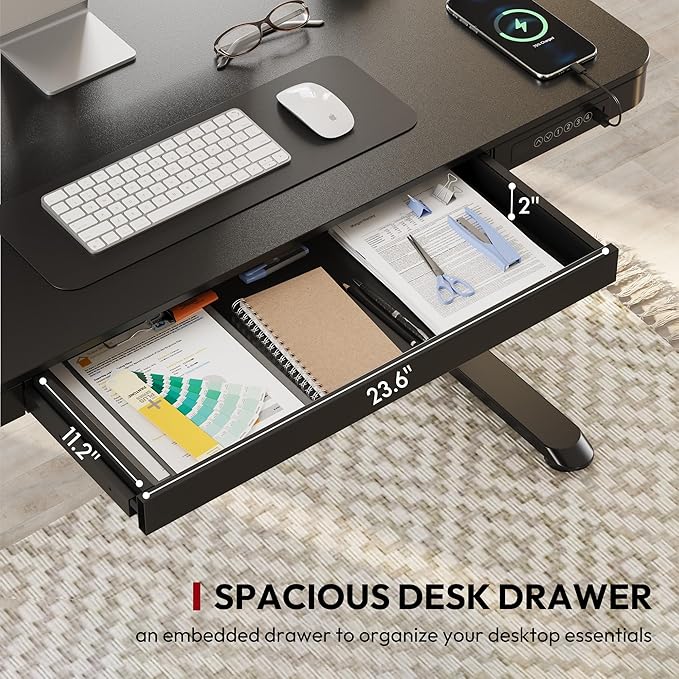 SANODESK Standing Desk with Drawer, Electric Height Adjustable Home Office Desk with Storage & USB Ports, 48 inch Black Wood Tabletop/White Frame