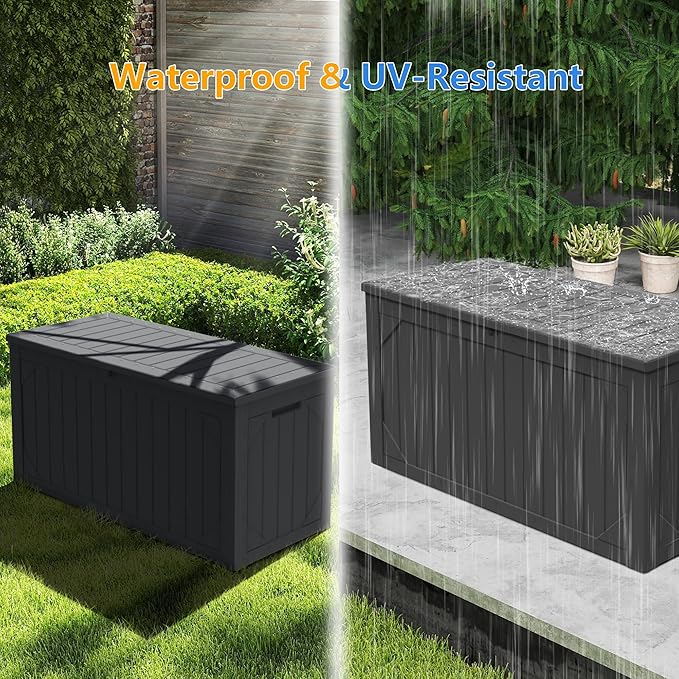 Decksplore 100 Gallon Outdoor Storage Box Waterproof, Lockable Resin Deck Box Patio Storage Bin for Pool Accessories Cushion Furniture, Garden Tools, UV-Resistant Outside Delivery, Black