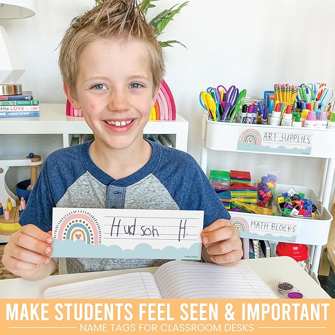 Desk Name Tags for Classroom -25 Student Name Plates for Classroom Kindergarten, Preschool, 1st, 2nd & 3rd Grade, 9x3 Teacher Nameplates for Student Desks & Cubbies, Boho Nametags