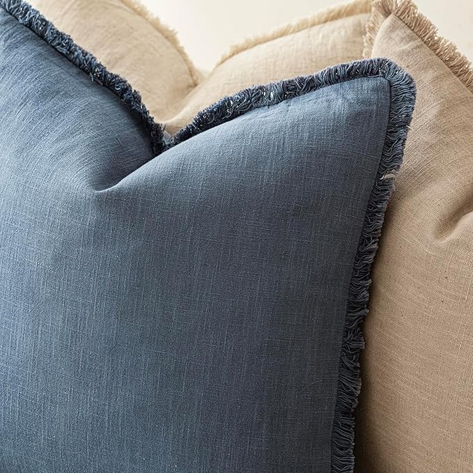 Foindtower Set of 2 Decorative Linen Fringe Throw Pillow Covers Cozy Farmhouse Cushion Cover with Tassels Accent Pillowcase for Couch Chair Sofa Bed Living Room Home Decor,16×16 Inch,Dark Blue