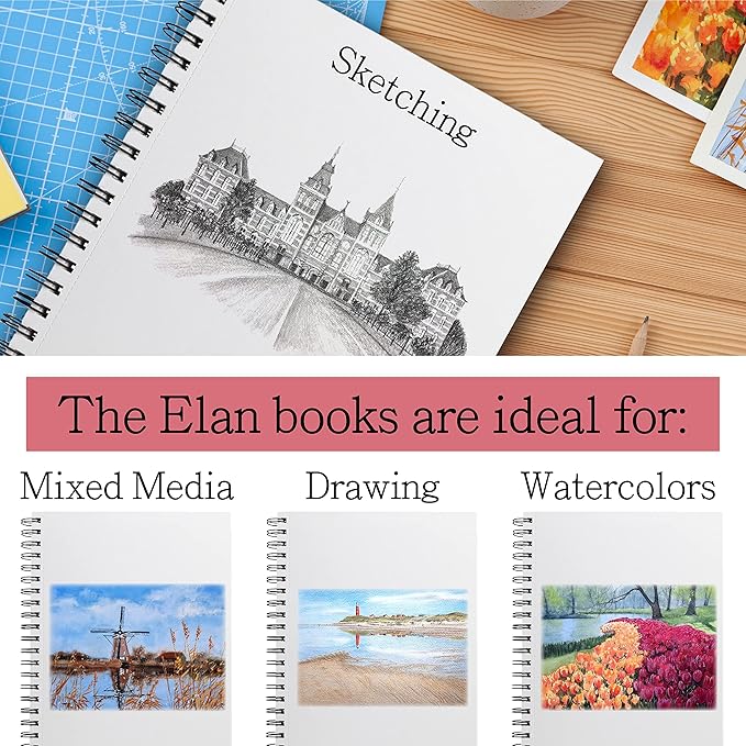 Elan A4 Sketchbook, 80 Sheets Italian Paper 80 lb/120 GSM, Acid-Free Sketch Book 11.7x8.3 Inch, White Drawing Paper Pad, Spiral Bound Sketchbook A4