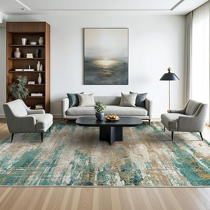 GENIMO 8x10 Area Rugs, Modern Living Room Rugs, Large Machine Washable Rug Non-Slip, Soft Pet Friendly Rugs for Bedroom, Playroom, Dining Room, Emerald Ripples