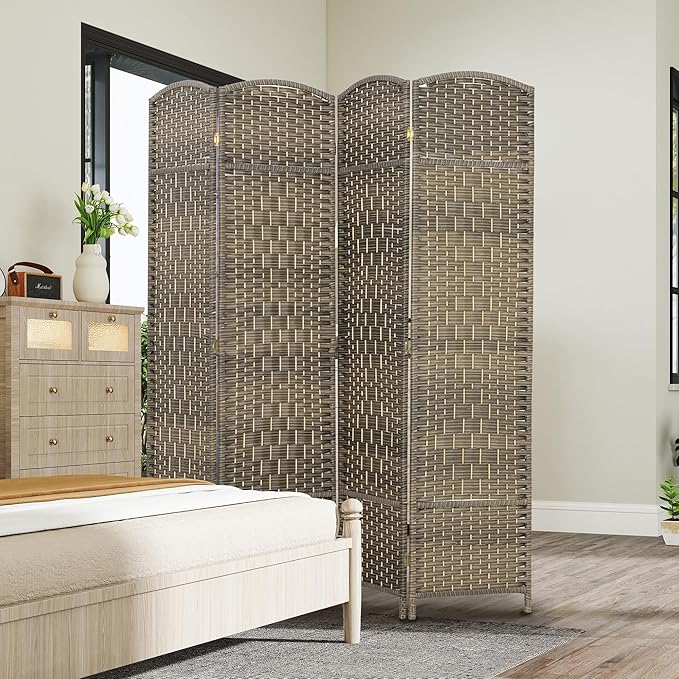 HOMCOM 4 Panel Room Divider, 6' Tall Folding Privacy Screen, Hand-Woven Freestanding Wall Partition for Home Office, Bedroom, Dark Rustic Oak