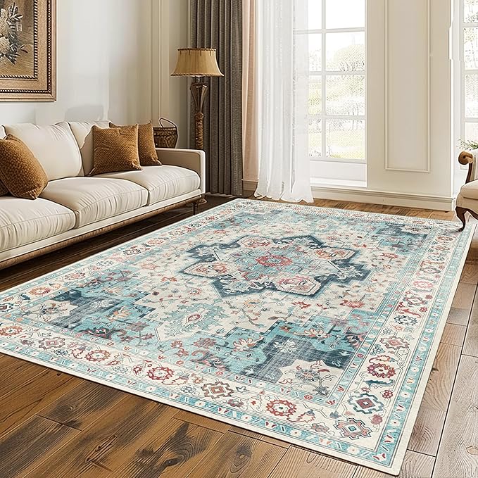 GENIMO 9x12 Area Rugs for Living Room, Machine Washable Non Slip Rugs, Low Pile Lightweight Vintage Print Rug for Bedroom, Dining Room, Home Office, Cyan/White