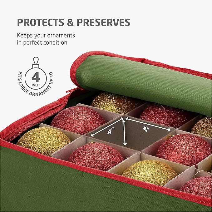 ZOBER Underbed Christmas Ornament Storage Box - Stores 72 Large 4" Ornaments, With Dividers - Tear Proof 600D Oxford Fabric, Ornament Organizer Storage Box, Durable Christmas Containers Holder - Green