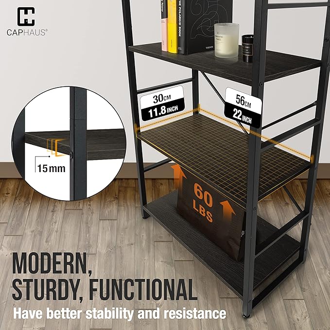 CAPHAUS 5 Tier Bookshelf, 24 Inch Width Free Standing Shelf, Bookcase Shelf Storage Organizer, Industrial Book Shelves for Home Office, Living Room, Kitchen, Black Vintage Shelves & Metal Frame