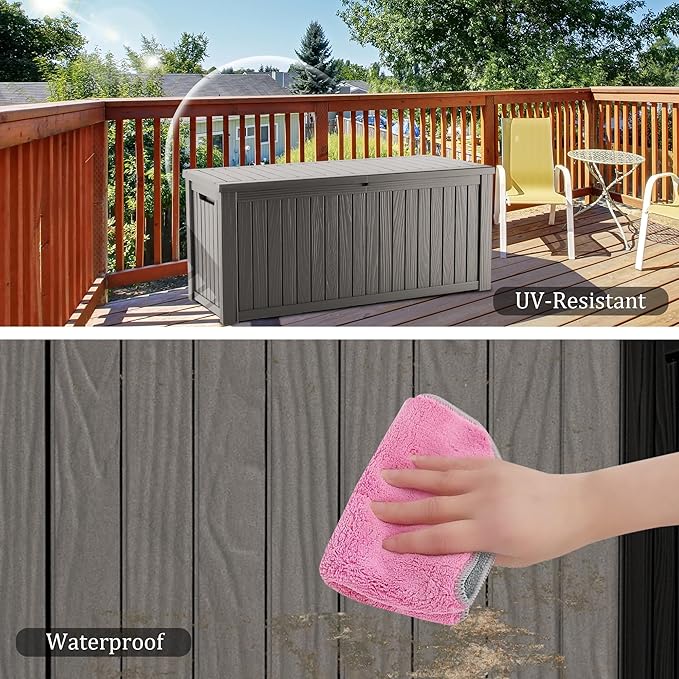 PATIOEASY Outdoor Storage Box 270GAL Waterproof Resin Deck Box,UV-Resistant Lockable Delivery Bin for Garden Tools,Large Patio Outside Cushions,Pool Accessories Supplies,Chest,Furniture,Package,Grey