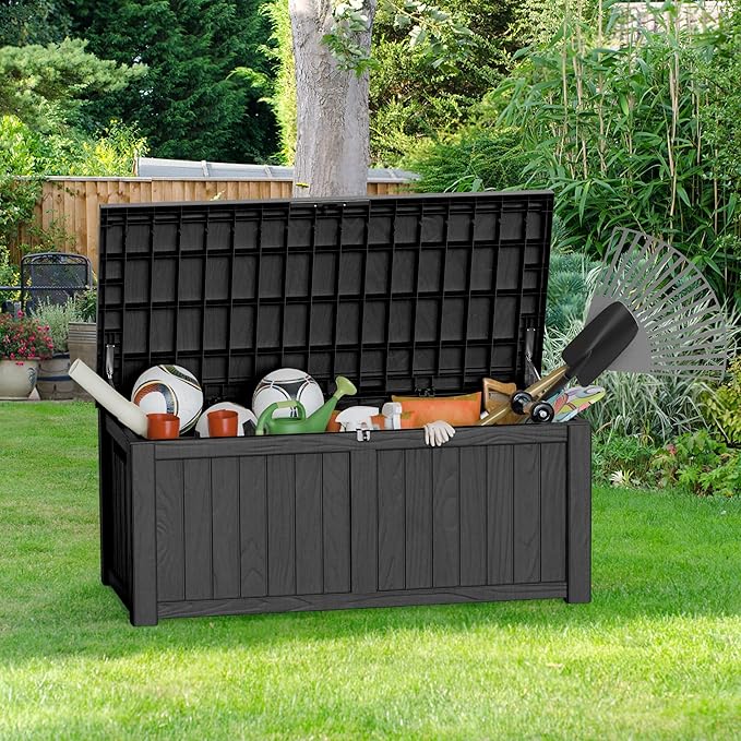 Yardgrace Extra-Large 150 Gallon Outdoor Chest Storage Waterproof - Outside Storage Box & Bench, Resin Deck Chest for Patio/Pool, Lockable UV-Resistant, Onyx Black