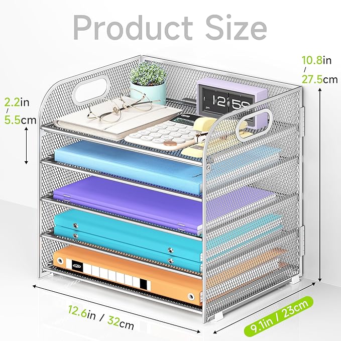 Cawukege 5 Tier Paper Organizer with Handle, Metal Mesh Desk Organizer File Folder Paper Letter Tray Desktop Document Sorter for Classroom, School, Office Accessories Organization and Storage - Silver