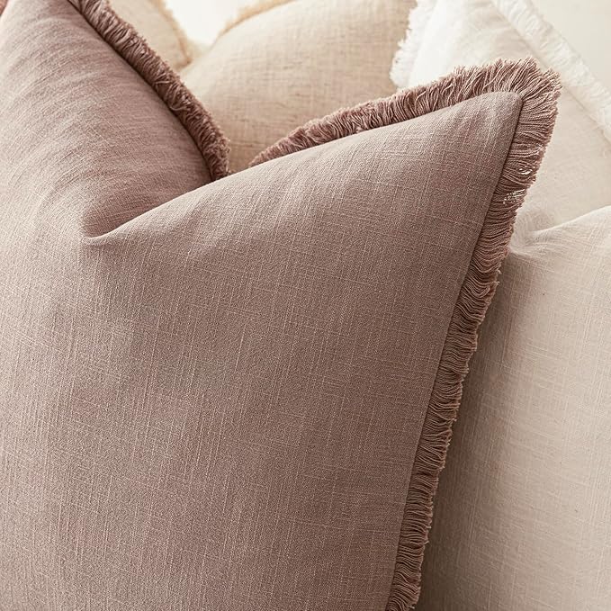 Foindtower Set of 2 Decorative Linen Fringe Throw Pillow Covers Boho Farmhouse Cushion Cover with Tassels Soft Accent Pillowcase for Couch Sofa Bed Living Room Home Decor,20×20 Inch,Dusty Pink