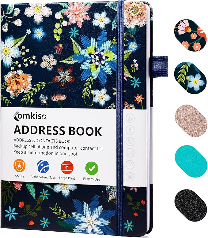 Comkiso Address Book with Individual Alphabetical Tabs Laminated, Large Print Address Book with 468 Wide Lining Entry Spaces, Change of Address Labels, Hardcover Address Book 5.7 x 8.5" - Bloom