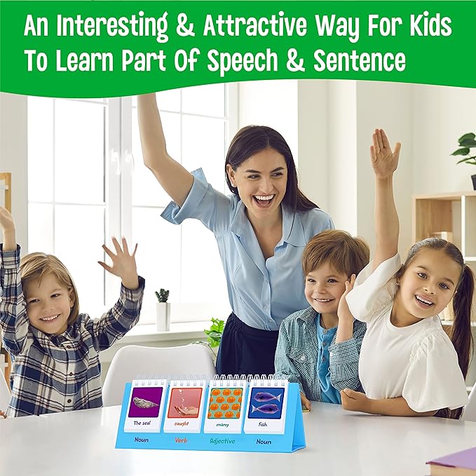 Sentence Flip Charts, 80 Double Sided Cards in Noun/Verb/Adjective/Preposition 40 New Sentence Building Freestanding Flip Chart Educational Learning Tool for School Supplies
