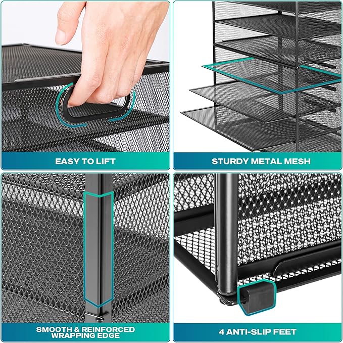 GoldOrcle 8 Tier Paper Letter Tray Organizer with Drawer & 2 Pen Holders, Mesh Desk File Holder Storage Organization for Home School Classroom & Office