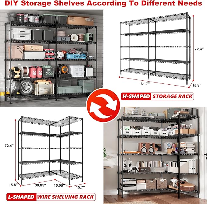 5 Tier Storage Shelves Metal Shelving Unit Load 1500LBS,Adjustable Wire Shelving Pantry Shelves for Storage,Kitchen Shelves Storage Rack for Commercial Garage Shelving Heavy Duty,61.7"W*72.4"H*15.8"D