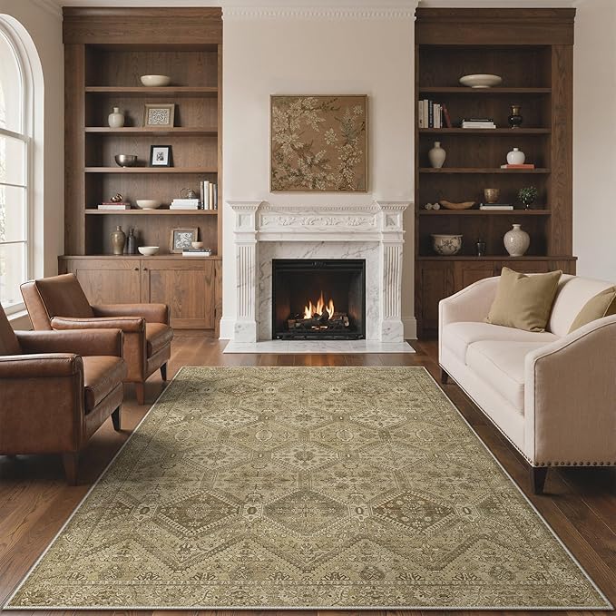 GENIMO 9x12 Area Rugs for Living Room, Machine Washable Non Slip Vintage Rugs, Low Pile Lightweight Print Rug for Bedroom, Dining Room, Home Office, Tan Brown