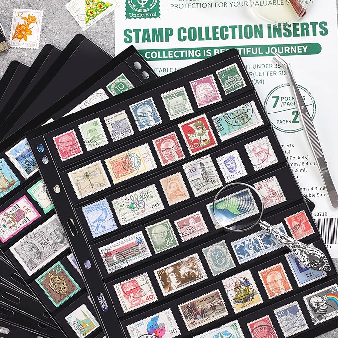 10 Sheets 20 Pages Postage Stamp Album Pages, 7 Pockets 7.7X 1.35in Stamp Collection Inserts, 9 Hole Standard Stamp Collecting Album Sleeves for Stamp Collection Binder IS010710