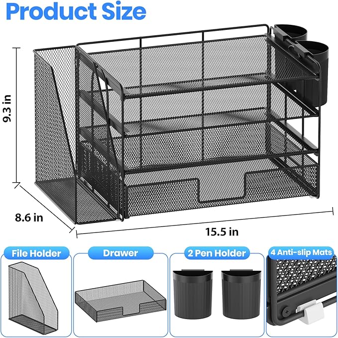 OPNICE Desk Organizer, 4-Tier Desktop File Organizer with Drawer and 2 Pen Holders, Office Desk Accessories, File Sorters, Workspace Organizers for Office Supplies(Black)