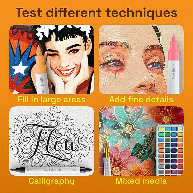 ARTISTRO 24 Acrylic Paint Markers - Paint Pens Dual Tip Brush + Fine Ideal for Calligraphy - Perfect for Fabric, Rock, Glass, Wood, DIY - Art Supplies, Stocking Stuffers, Christmas Gift Idea