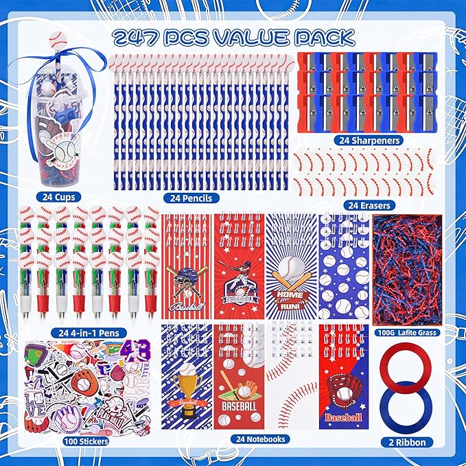 LiYiQ 247 Pcs Baseball Party Supplies Return Gifts for Party, Student Stationery Gifts from Teacher Rewards Prizes, Pencil Erasers Notebooks Stickers for Baseball Classroom Birthday