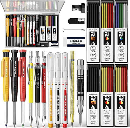 STAGEEK 22 Pack Carpenter Pencil Set with Sharpener, Mechanical Carpenter Pencils with 60 Refills, Deep Hole Long-Nib Marker Pens, Carbide Scribe Tool & Construction Pencils for Architect with Case
