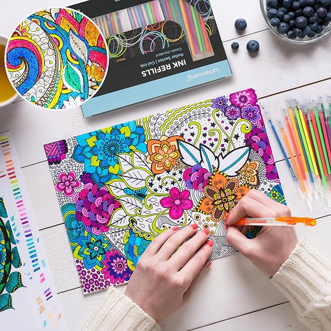 200 Colors Gel Pen Refills, Glitter Neon Gel Ink Pens Refills,Replace Cartridges for Gel Pens Set,9 Color Type for Adult Coloring Books Drawing Doodling Crafts Scrapbooking Journaling,No Repeats
