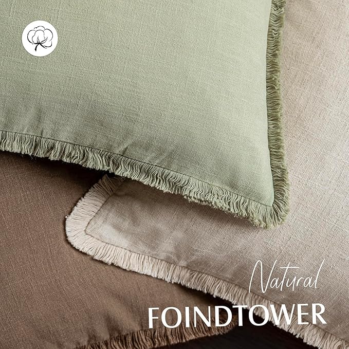 Foindtower Set of 2 Decorative Linen Fringe Throw Pillow Covers Boho Farmhouse Cushion Cover with Tassels Soft Accent Pillowcase for Couch Sofa Bed Living Room Home Decor,18×18 Inch,Light Sage Green