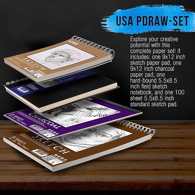U.S. Art Supply 4-Pad Sketch Book and Drawing Paper Set (242 Sheets) - Sizes (5.5 x 8.5 and 9 x 12 Inch) Spiral Bound, Artist Drawing Pads for Mixed Media