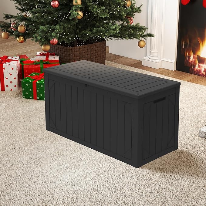 Decksplore 100 Gallon Outdoor Storage Box Waterproof, Lockable Resin Deck Box Patio Storage Bin for Pool Accessories Cushion Furniture, Garden Tools, UV-Resistant Outside Delivery, Black