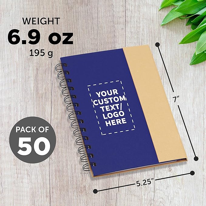 DISCOUNT PROMOS Custom Eco Friendly Spiral Notebooks with Pens Set of 50, Personalized Bulk Pack - Perfect for School, Office, Home - Blue