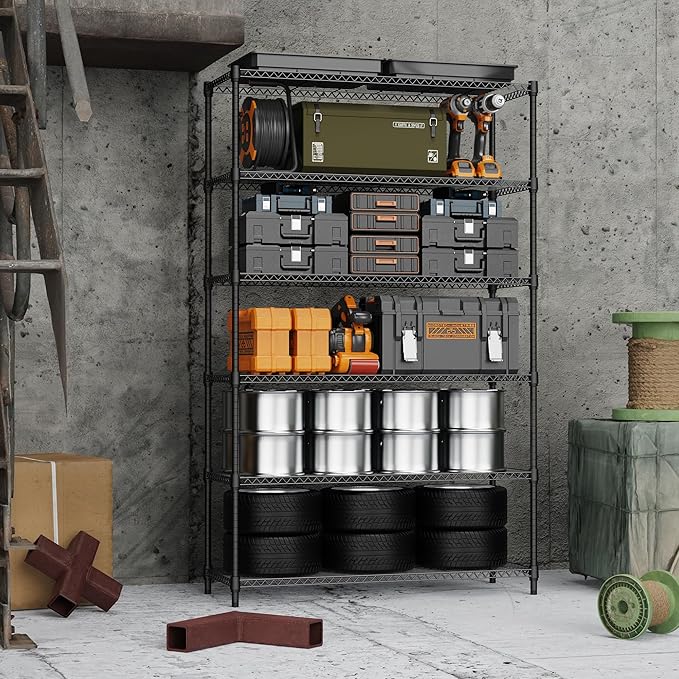 M MZG 6 Tiers Storage Shelves Load 2100LBS, Metal Shelving Wire Metal Shelving Unit Shelves for Storage Adjustable Garage Shelving for Pantry Kitchen Garage Black 17.7" D x 47.3" W x 82.4" H