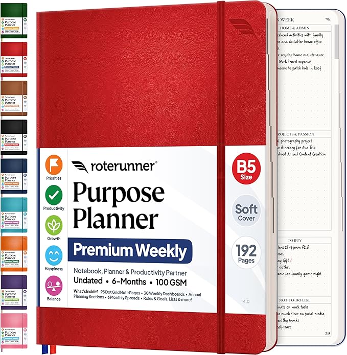 Roterunner Purpose Planner Notebook B5 7.5”x9.8” Undated 2026 Daily Weekly and Monthly Productivity Goal Setting Tool for Work Home ADHD for Adults Self Care Journal