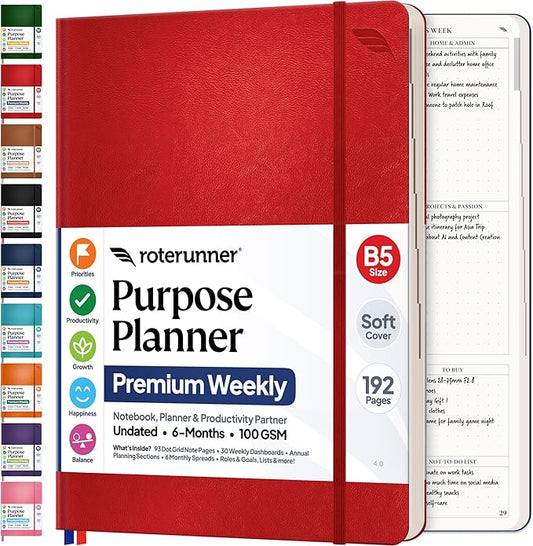 Roterunner Purpose Planner Notebook B5 7.5”x9.8” Undated 2026 Daily Weekly and Monthly Productivity Goal Setting Tool for Work Home ADHD for Adults Self Care Journal