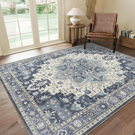 GENIMO 8x10 Area Rugs for Living Room, Machine Washable Non Slip Vintage Rugs, Low Pile Lightweight Chenille Print Rug for Bedroom, Dining Room, Home Office, Center Blue