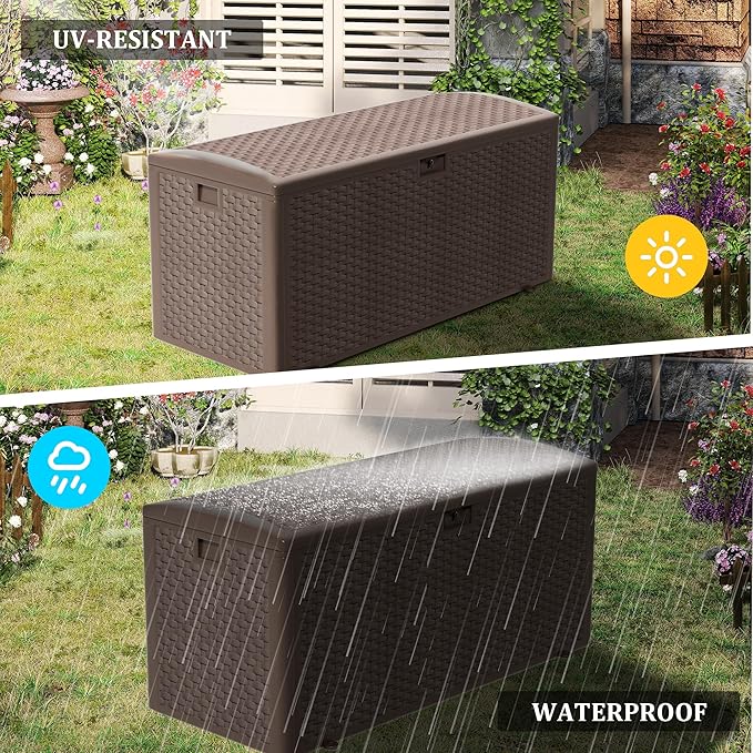 Decksplore 180 Gallon Pro Outdoor Storage Box Waterproof Lockable Resin Deck Box Large, Patio Storage Bin for Pool Accessories Cushion Furniture, Garden Tools, UV-Resistant Outside Delivery Brown